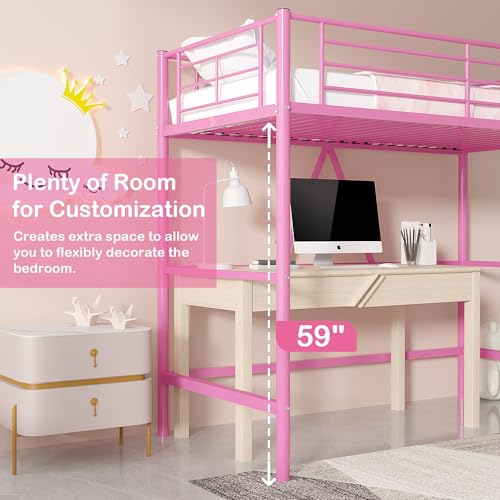 Twin Size Off White Metal Loft Bed with Ladder and Guardrail O5514