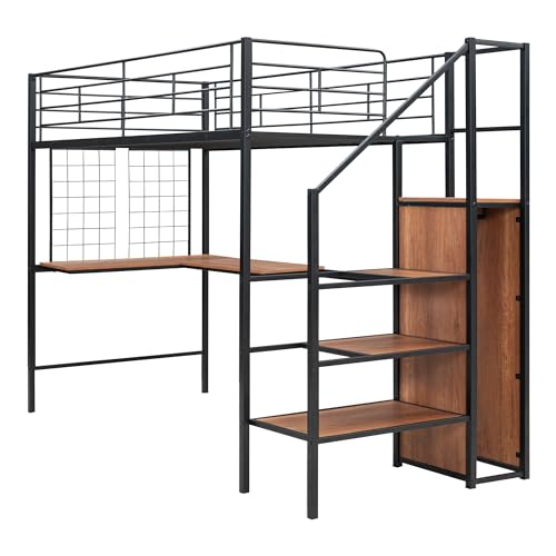 Twin Size Black Metal Loft Bed with Wardrobe and L-Shape Desk B6697