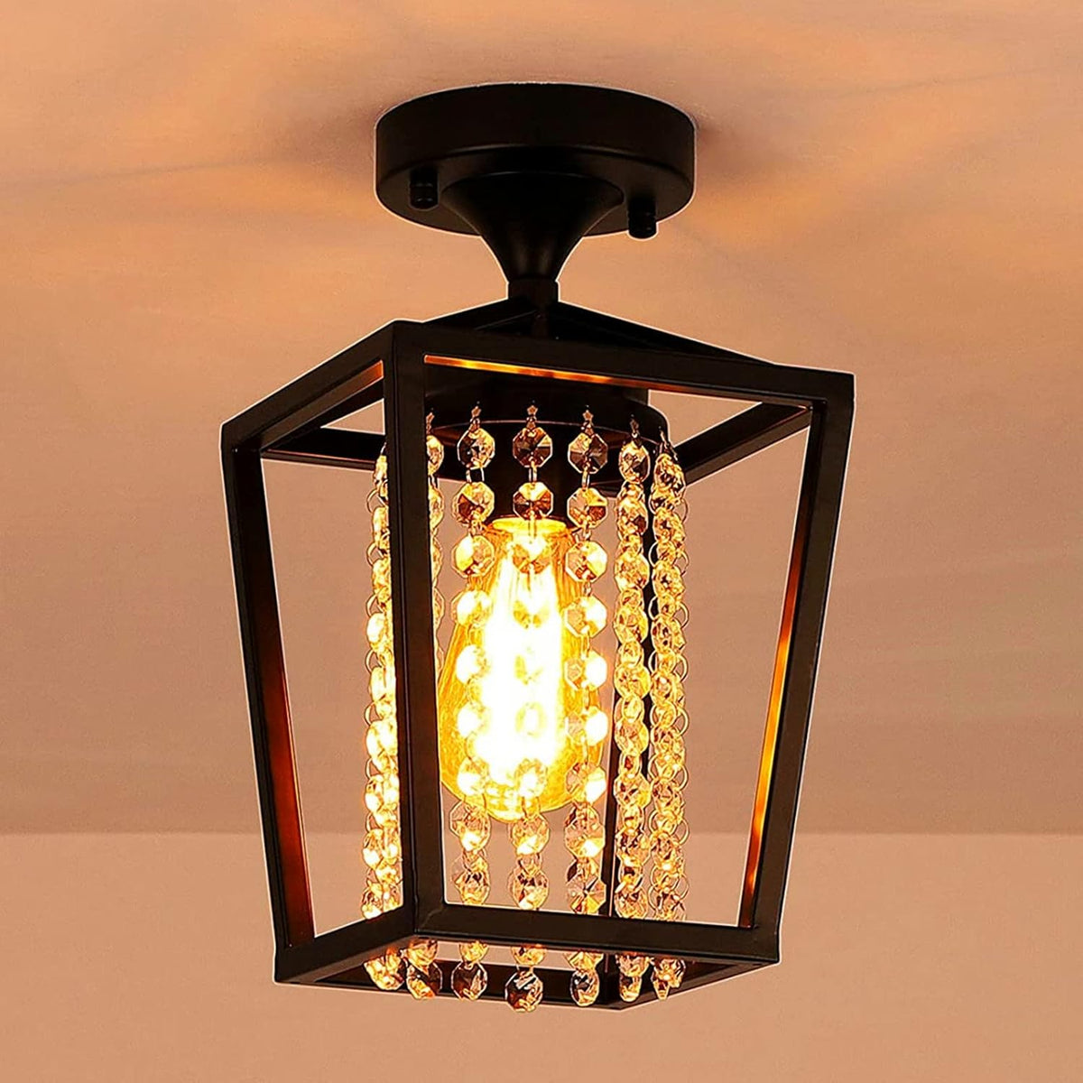 Semi Flush Mount Crystal Ceiling Light Black Metal Cage K32977