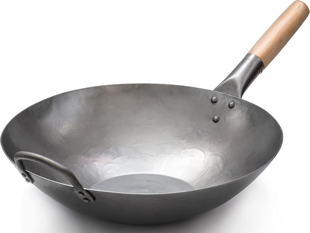 Flat Hand Hammered Carbon Steel Wok with Helper Handle 14 Inch M824436