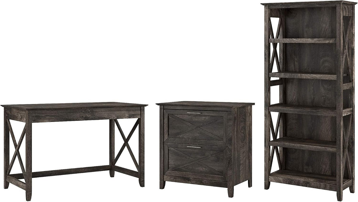 Dark Gray Hickory Writing Desk with File Cabinet and Bookcase G608