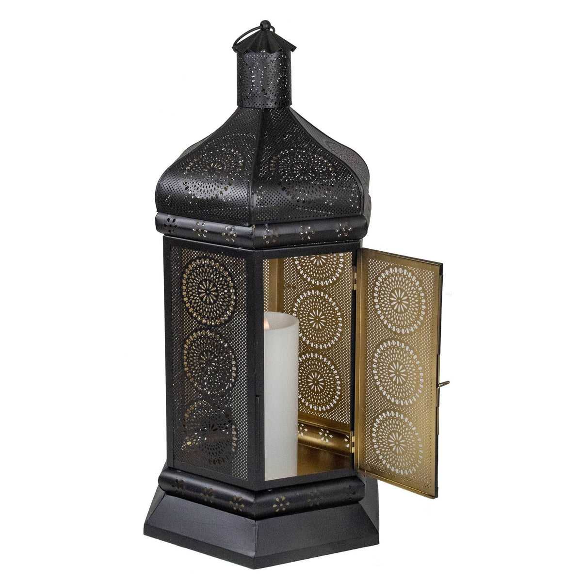 Black and Gold Floral Cut-Out Pillar Candle Lantern S503525