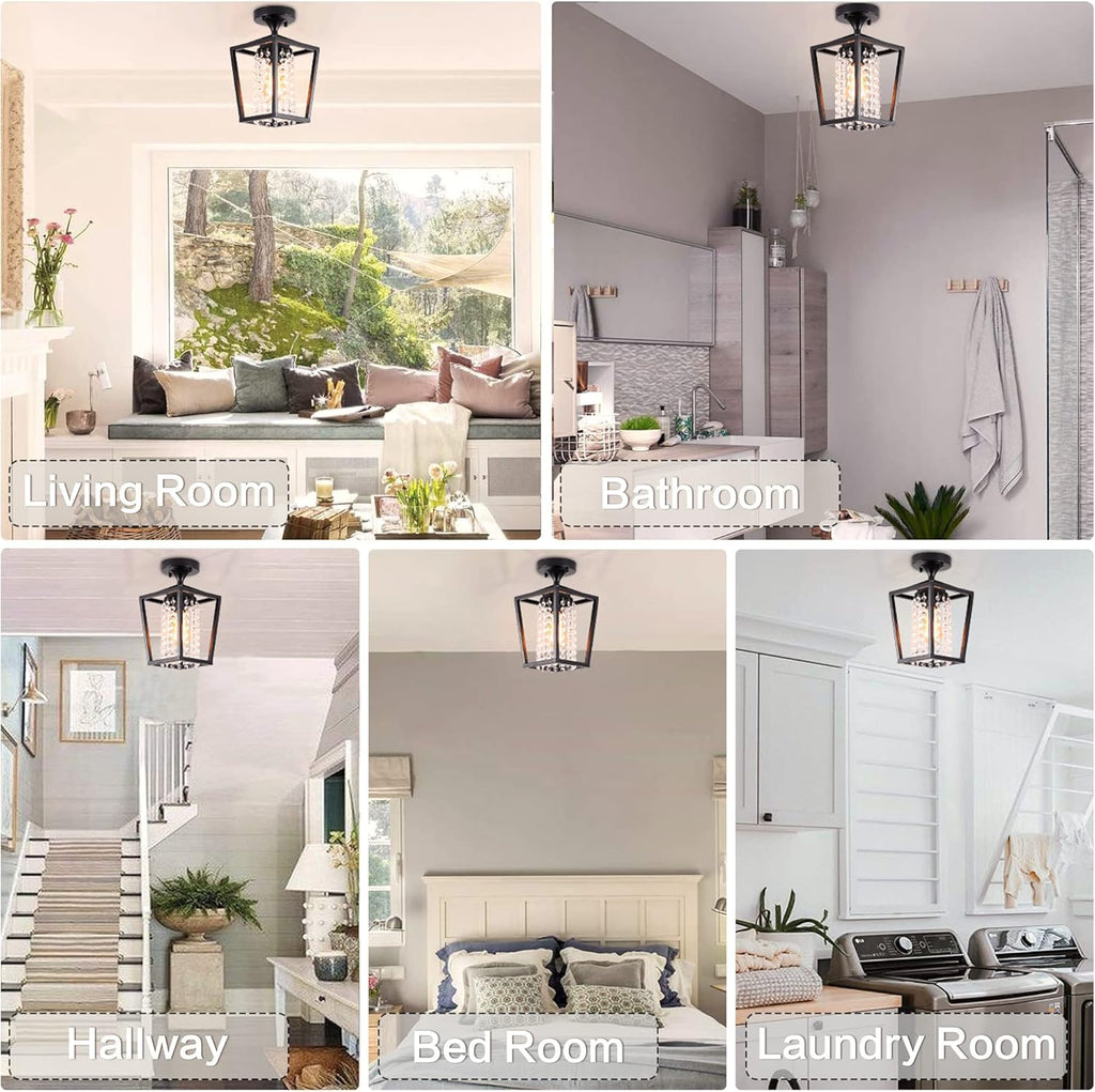 Semi Flush Mount Crystal Ceiling Light Black Metal Cage K32977