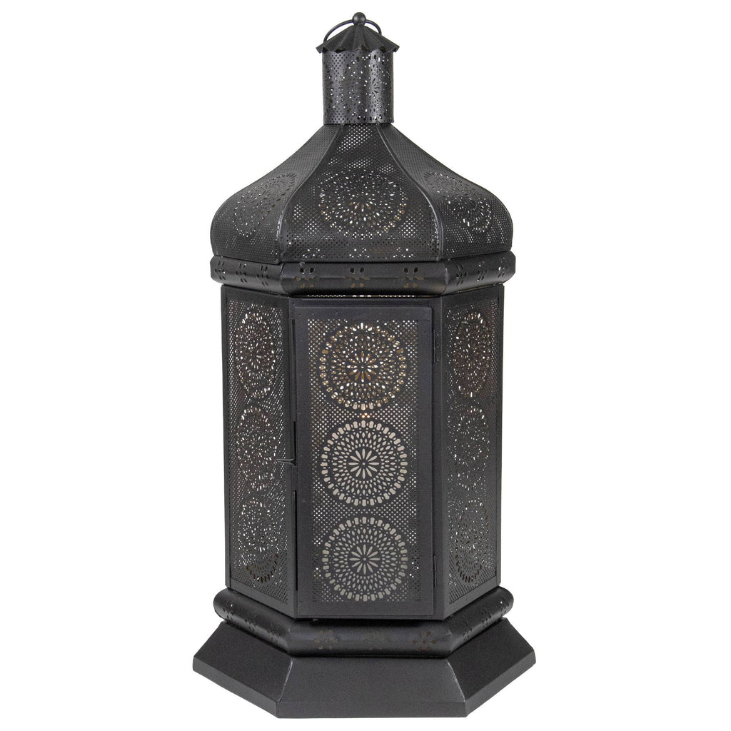 Black and Gold Floral Cut-Out Pillar Candle Lantern S503525