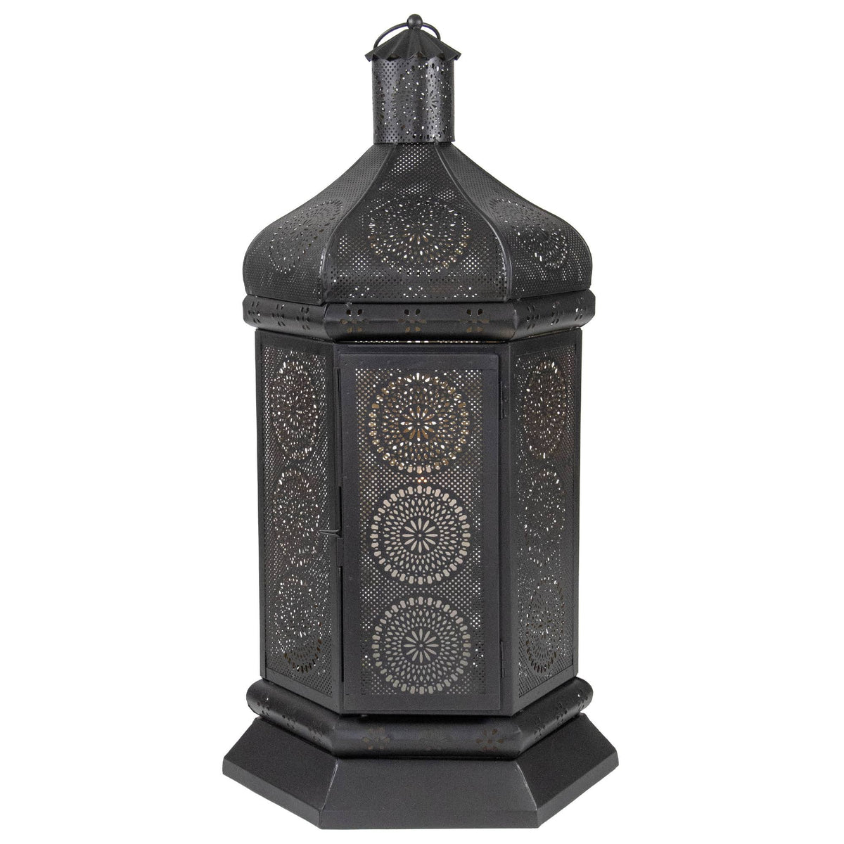 Black and Gold Floral Cut-Out Pillar Candle Lantern S503525