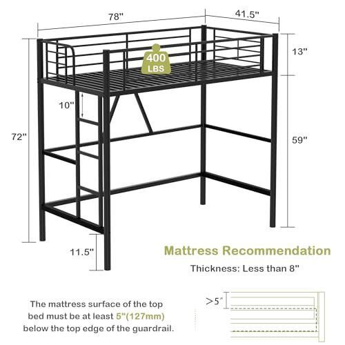 Twin Size Off White Metal Loft Bed with Ladder and Guardrail O5514
