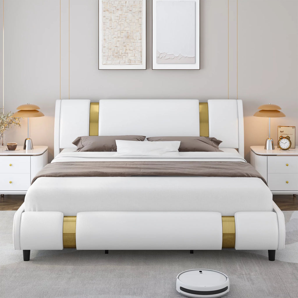 Full Size Leather Upholstered Platform Bed Frame with White Headboard L4695
