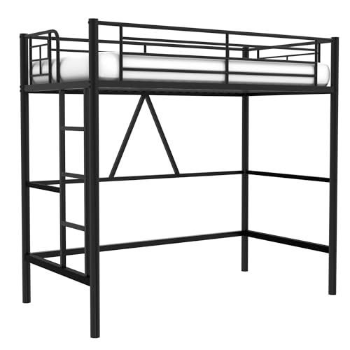 Twin Size Off White Metal Loft Bed with Ladder and Guardrail O5514
