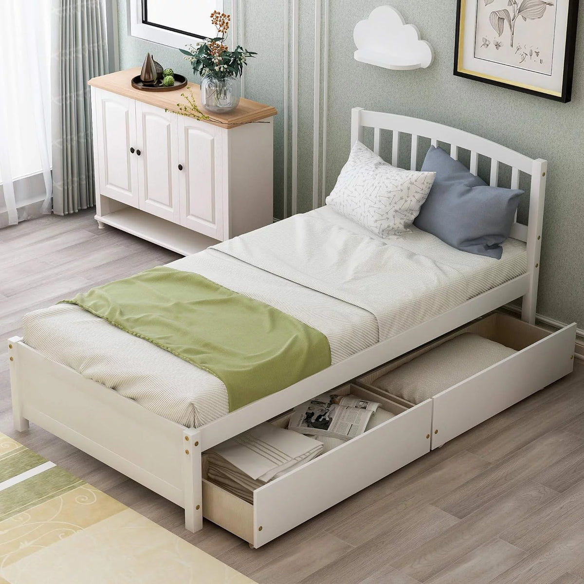 White Wood Platform Storage Bed with Two Drawers and Headboard W9430