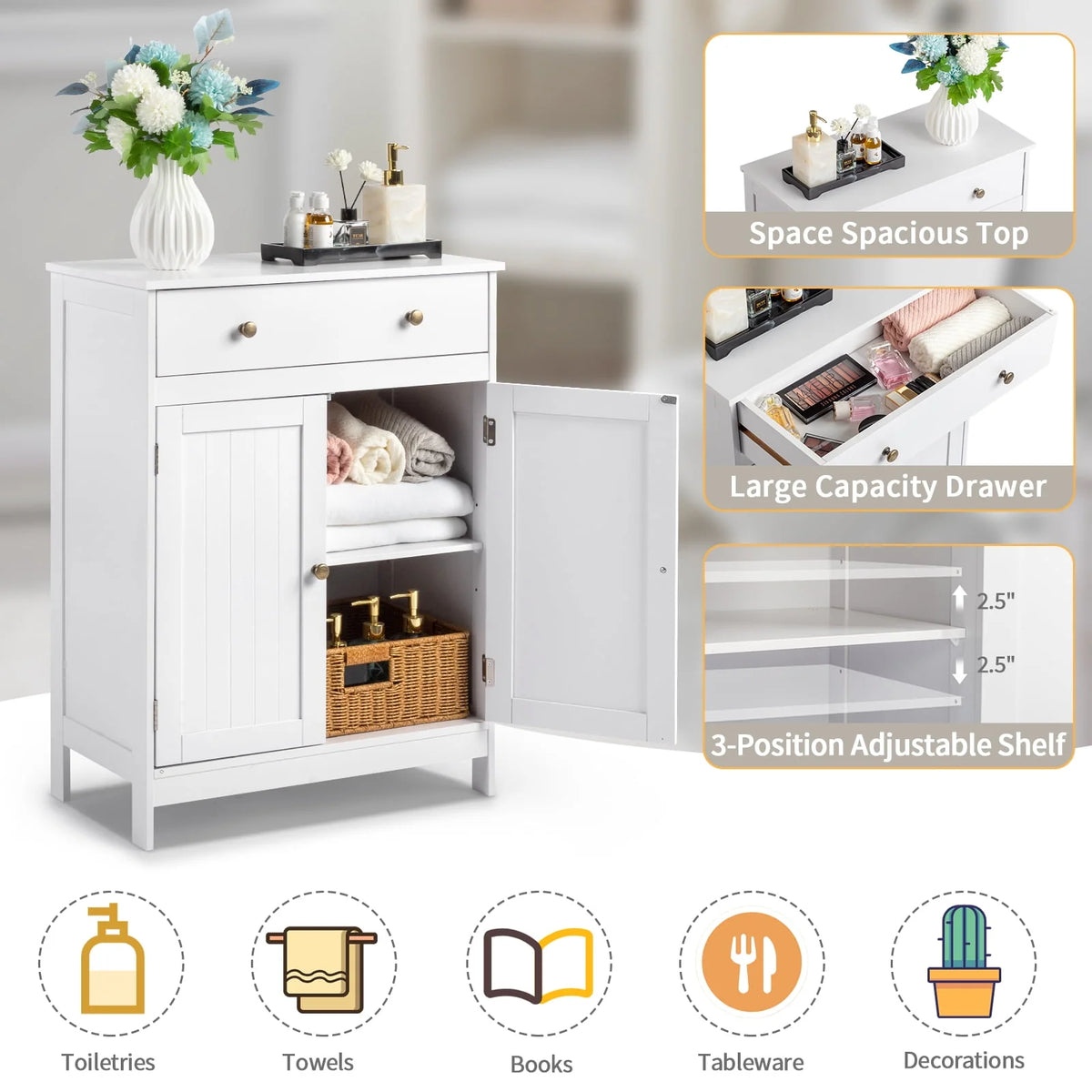 White Wooden 2-Door Bathroom Cabinet with 1 Drawer F3956