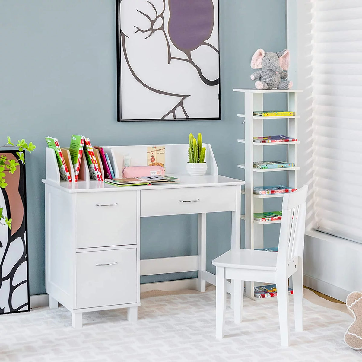 Kids Wooden Desk and Chair Set with Drawer & Storage Cabinets R35075