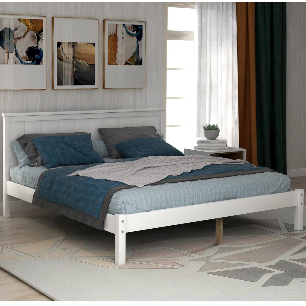 White Full Platform Bed Frame with Headboard T6869