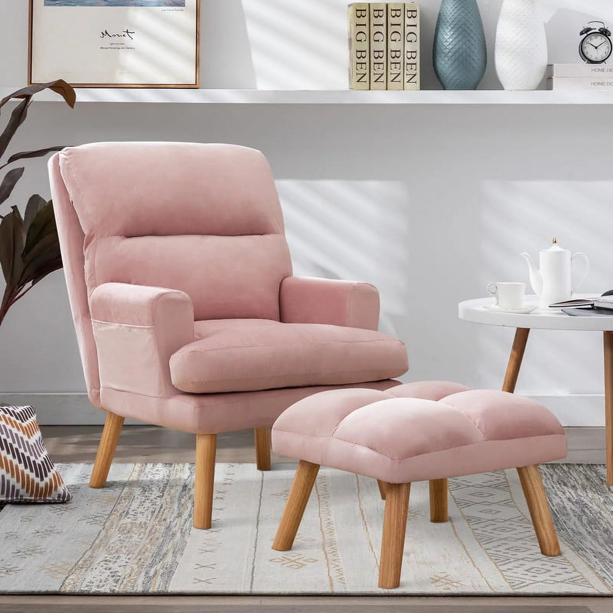 Beige Velvet Accent Chair with Ottoman J478