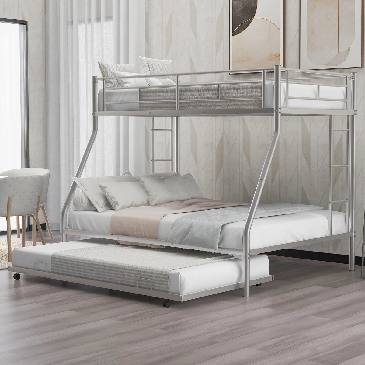 Black Metal Twin over Full Bunk Bed with Trundle and 2 Ladders B5605