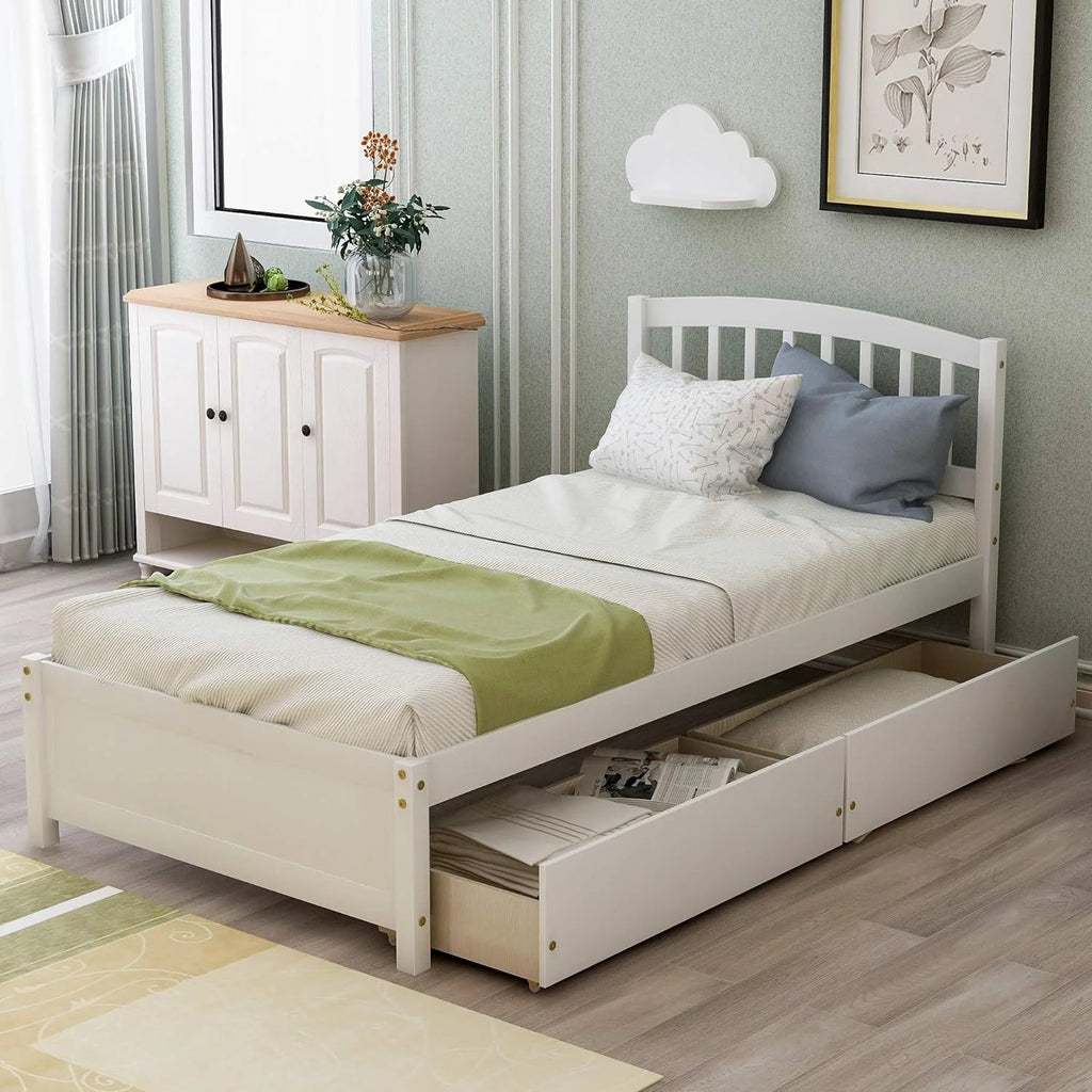 White Wood Platform Storage Bed with Two Drawers and Headboard W9430