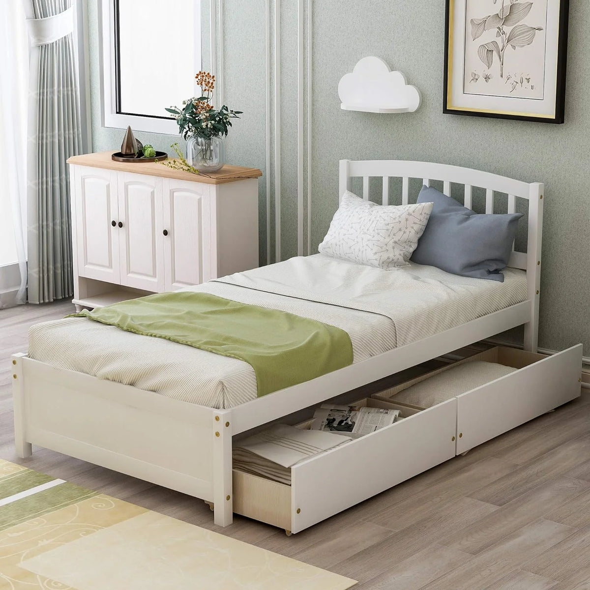 White Wood Platform Storage Bed with Two Drawers and Headboard W9430