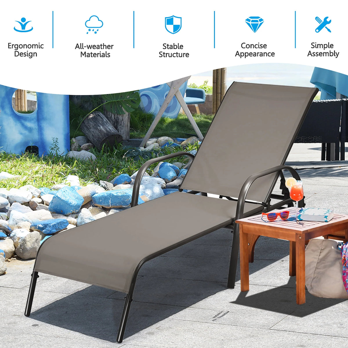 Brown Adjustable Reclining Patio Lounge Chair T390