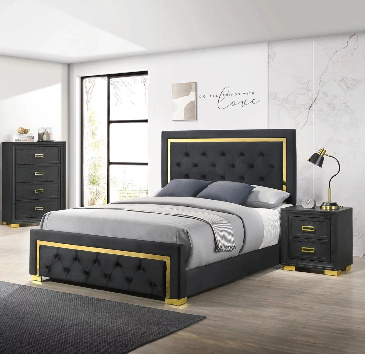 Queen Size 3pc Bedroom Set Panel Bed Chest Nightstand D74607
