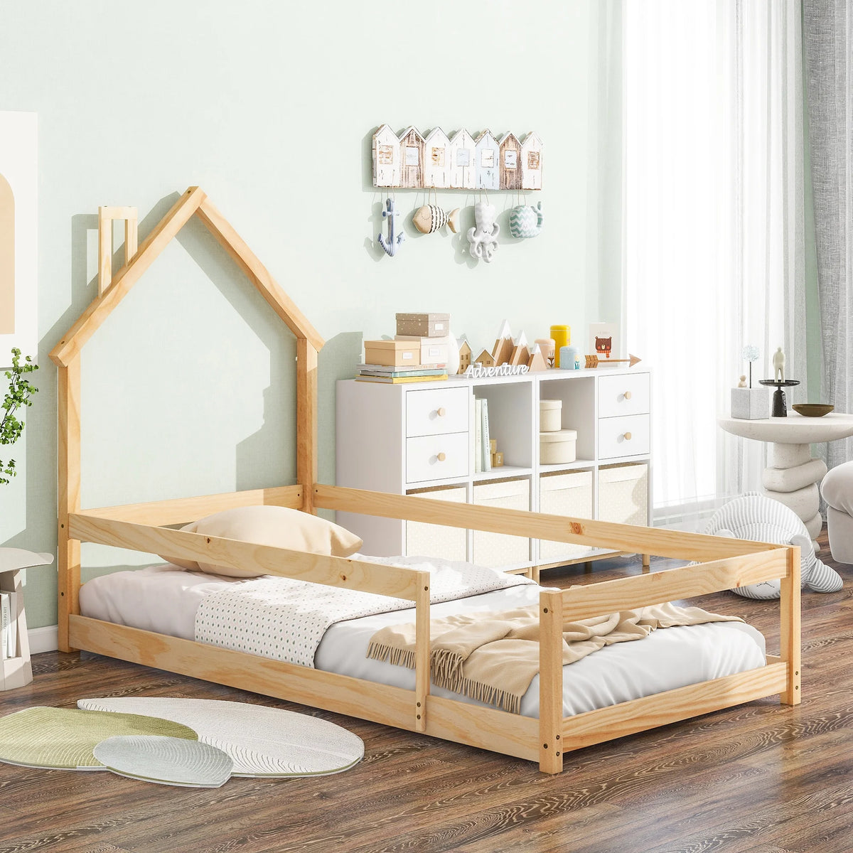 White Wood House Shape Headboard Twin Size Bed Frame P786160