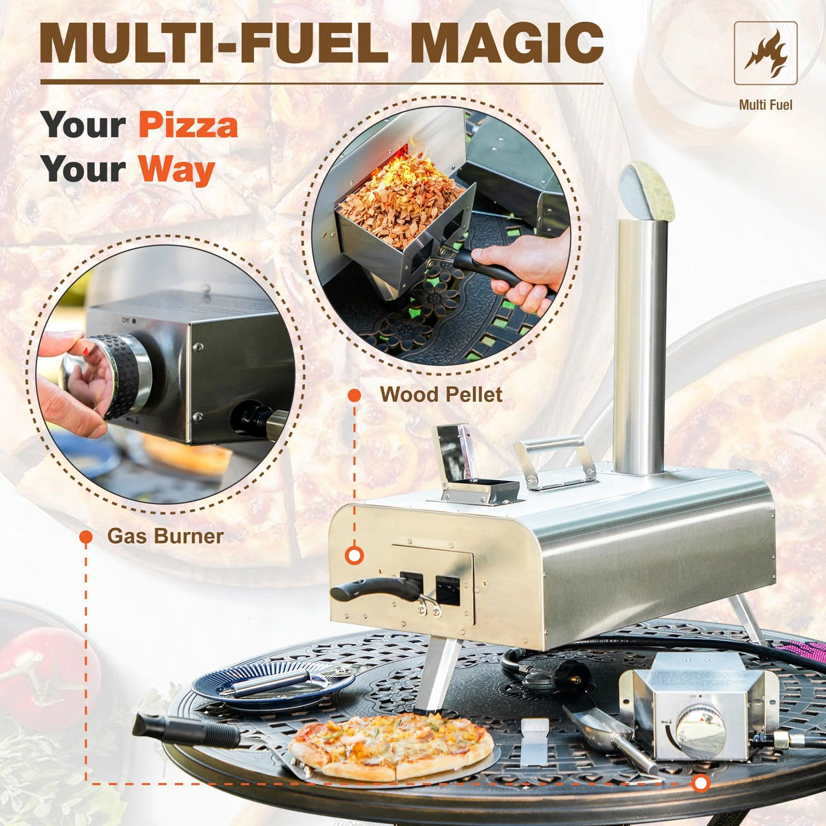 Outdoor Wood Fired & Gas Pizza Oven with Rotatable Pizza Stone T3887