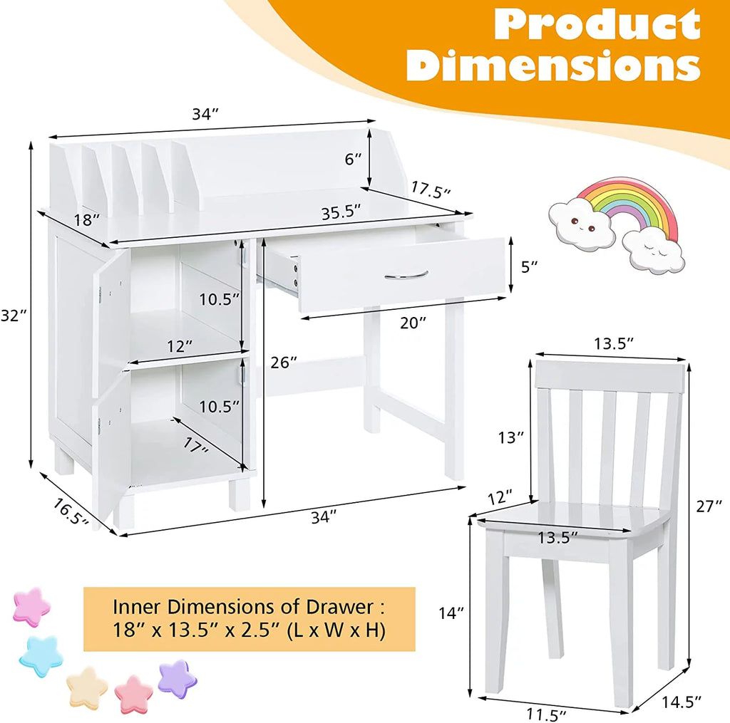Kids Wooden Desk and Chair Set with Drawer & Storage Cabinets R35075