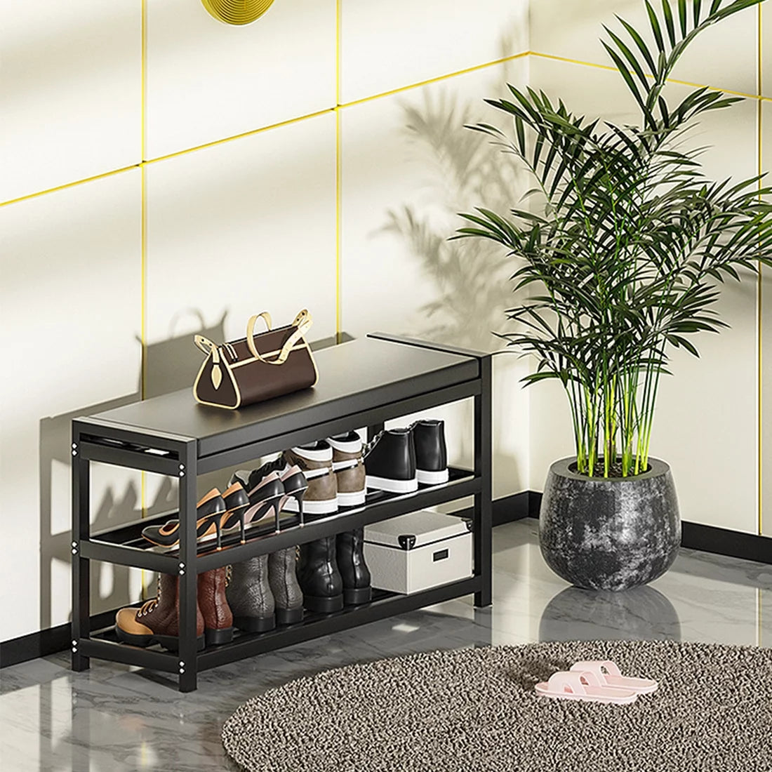 2-Tier Gray Shoe Rack Bench with Vegan Leather Seat B462