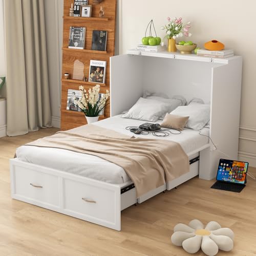 White Twin Size Murphy Bed with Charging Station and Drawer T396