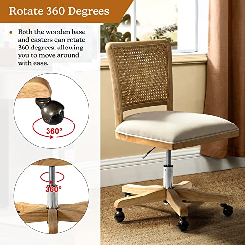 Upholstered Armless Swivel Desk Chair with Rattan Mid-Back L941