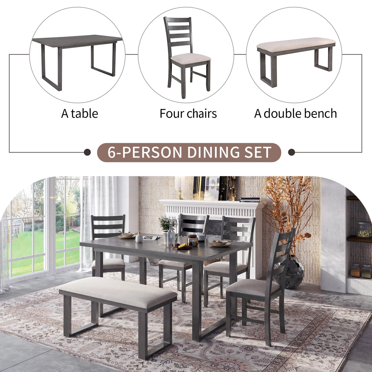 Solid Wood Dining Room Set with Table Chairs and Bench A6081