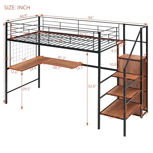 Twin Size Black Metal Loft Bed with Wardrobe and L-Shape Desk B6697