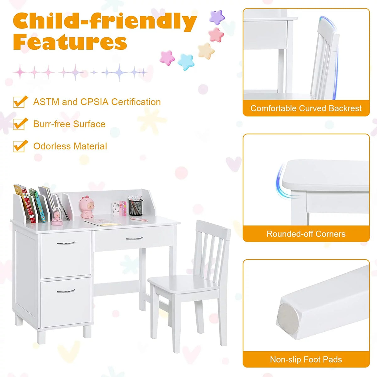 Kids Wooden Desk and Chair Set with Drawer & Storage Cabinets R35075