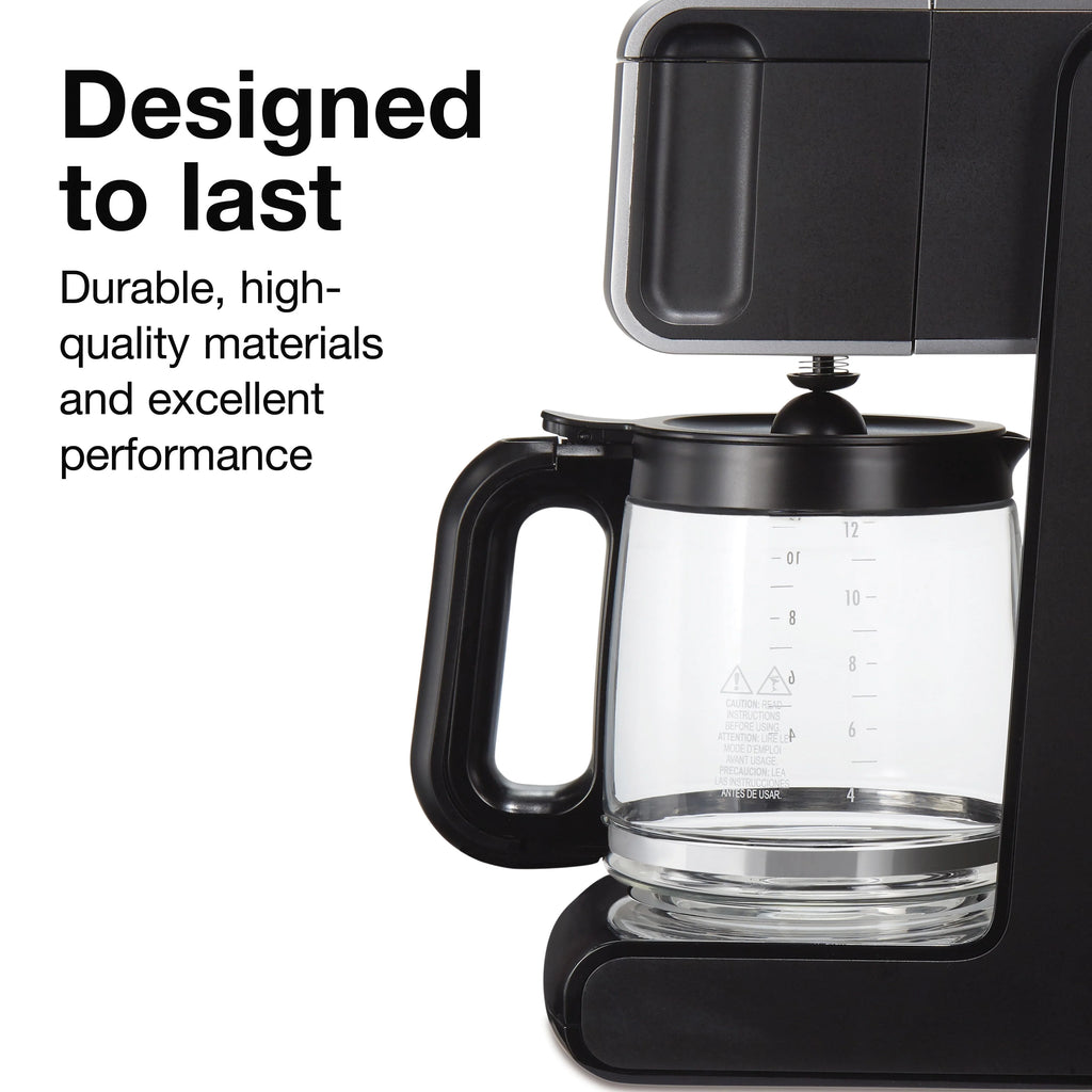 Programmable Coffee Maker, Glass Carafe, 12 Cup Capacity, Black and Silver M401