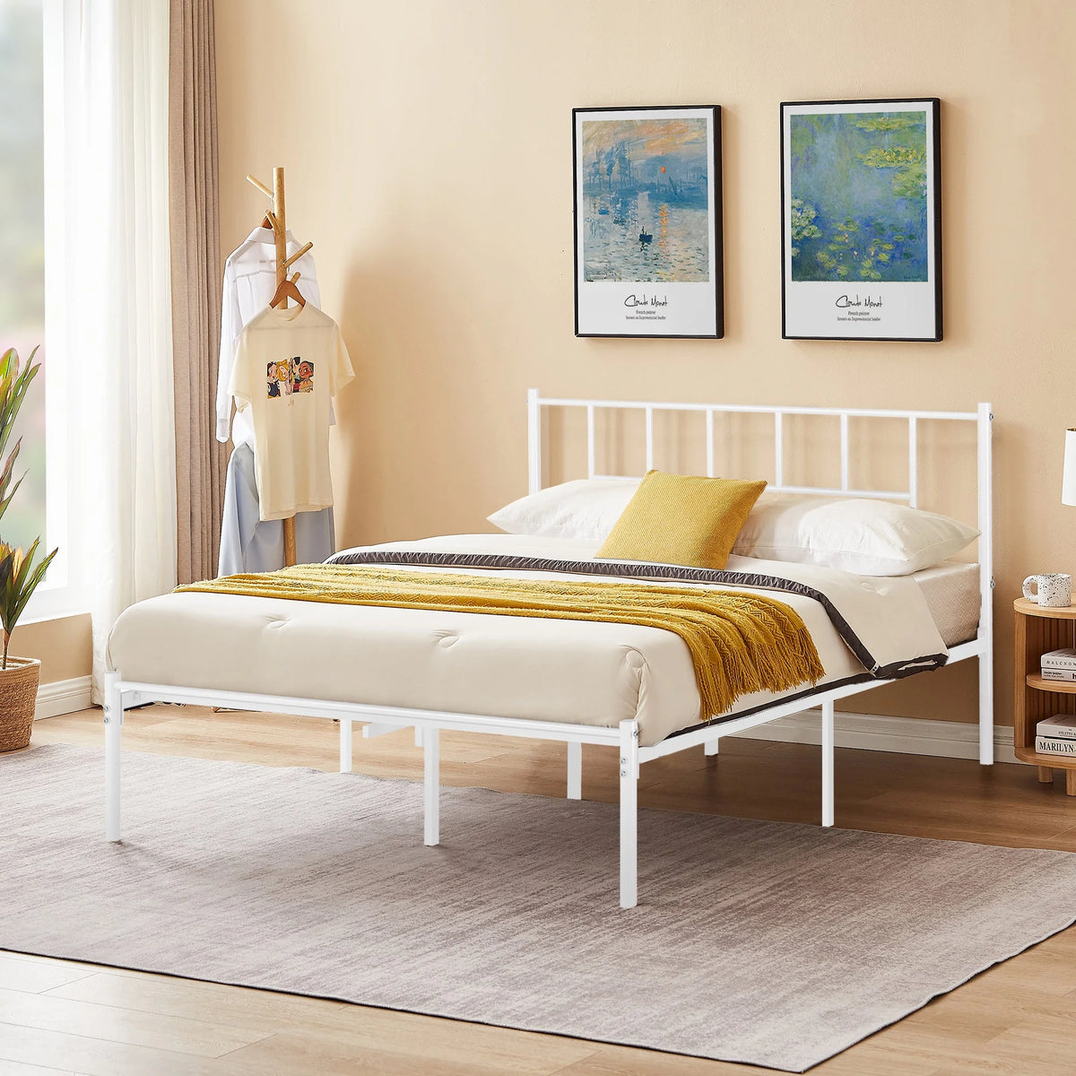 White Full Size Metal Platform Bed Frame with Headboard R613453