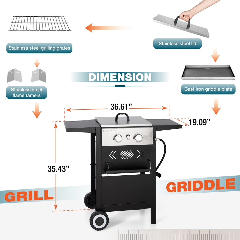 2-Burner Propane Grill and Griddle Cooking Station with Side Shelves Black K798