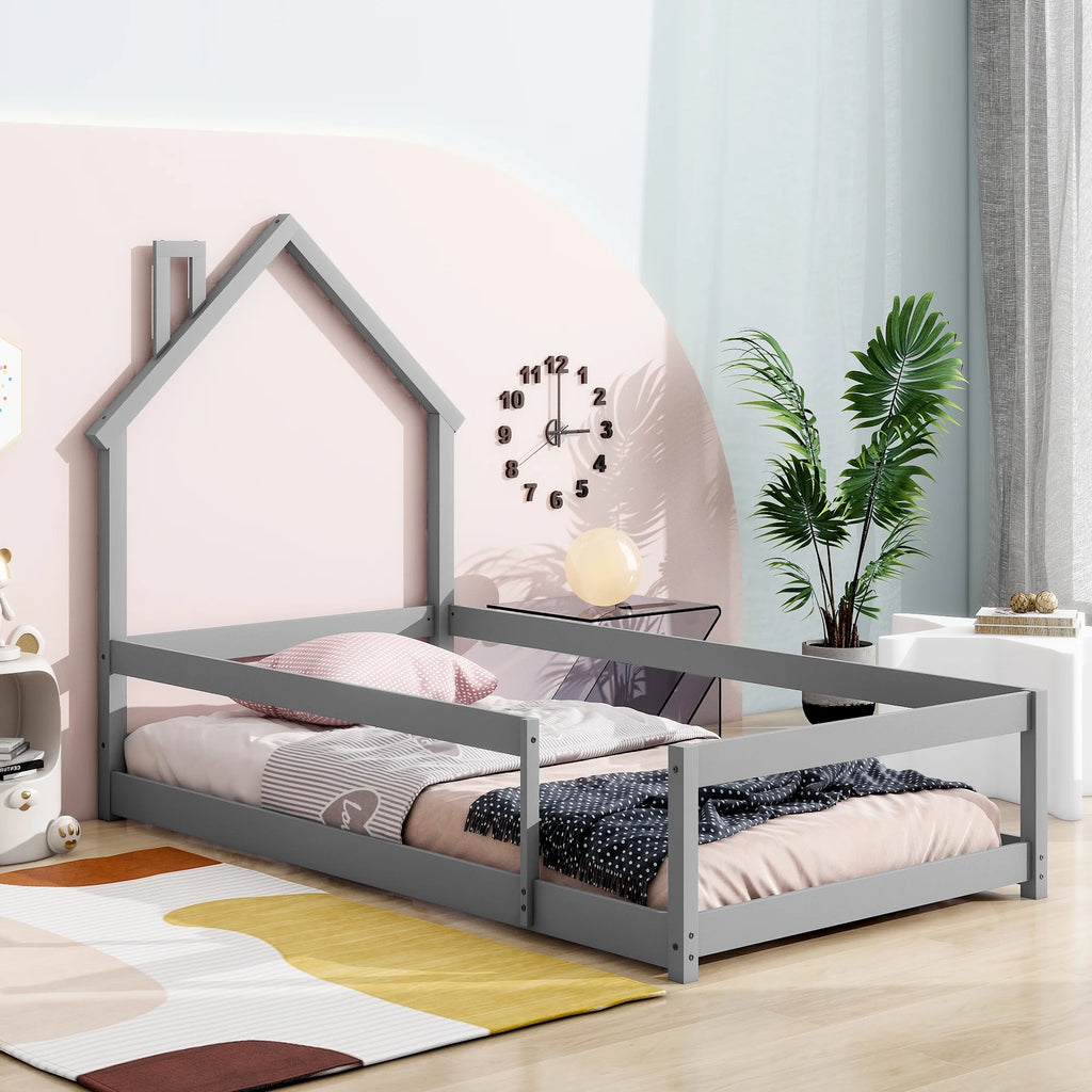 White Wood House Shape Headboard Twin Size Bed Frame P786160