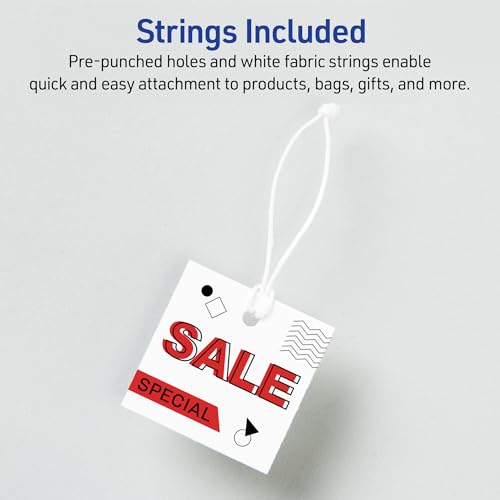 Square Printable Tags, White, Includes String, Laser/Inkjet Printable, 200 Total L216263
