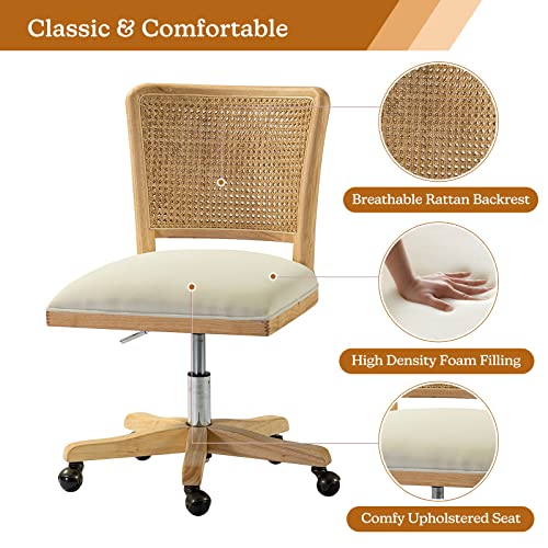 Upholstered Armless Swivel Desk Chair with Rattan Mid-Back L941