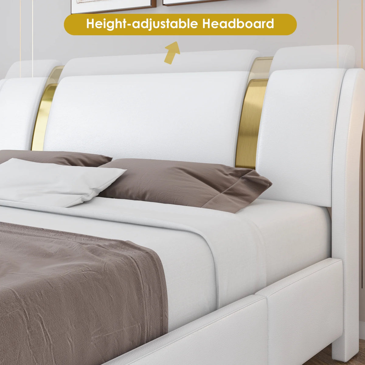 Full Size Leather Upholstered Platform Bed Frame with White Headboard L4695