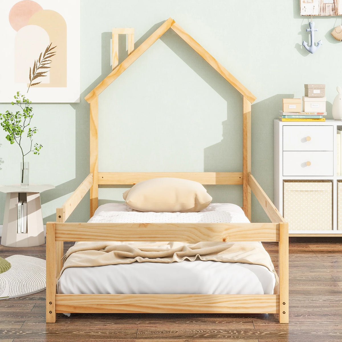 White Wood House Shape Headboard Twin Size Bed Frame P786160