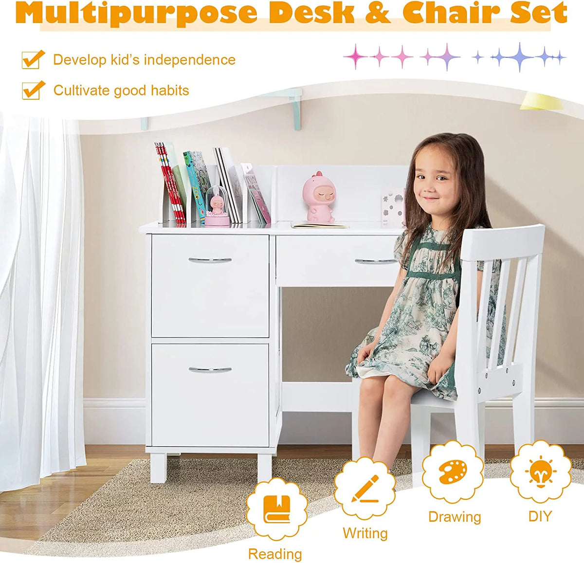 Kids Wooden Desk and Chair Set with Drawer & Storage Cabinets R35075