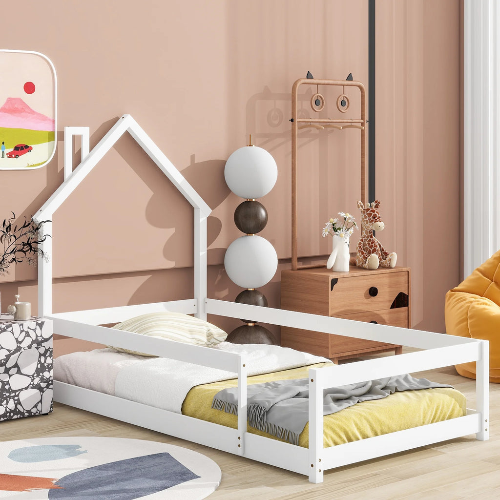 White Wood House Shape Headboard Twin Size Bed Frame P786160