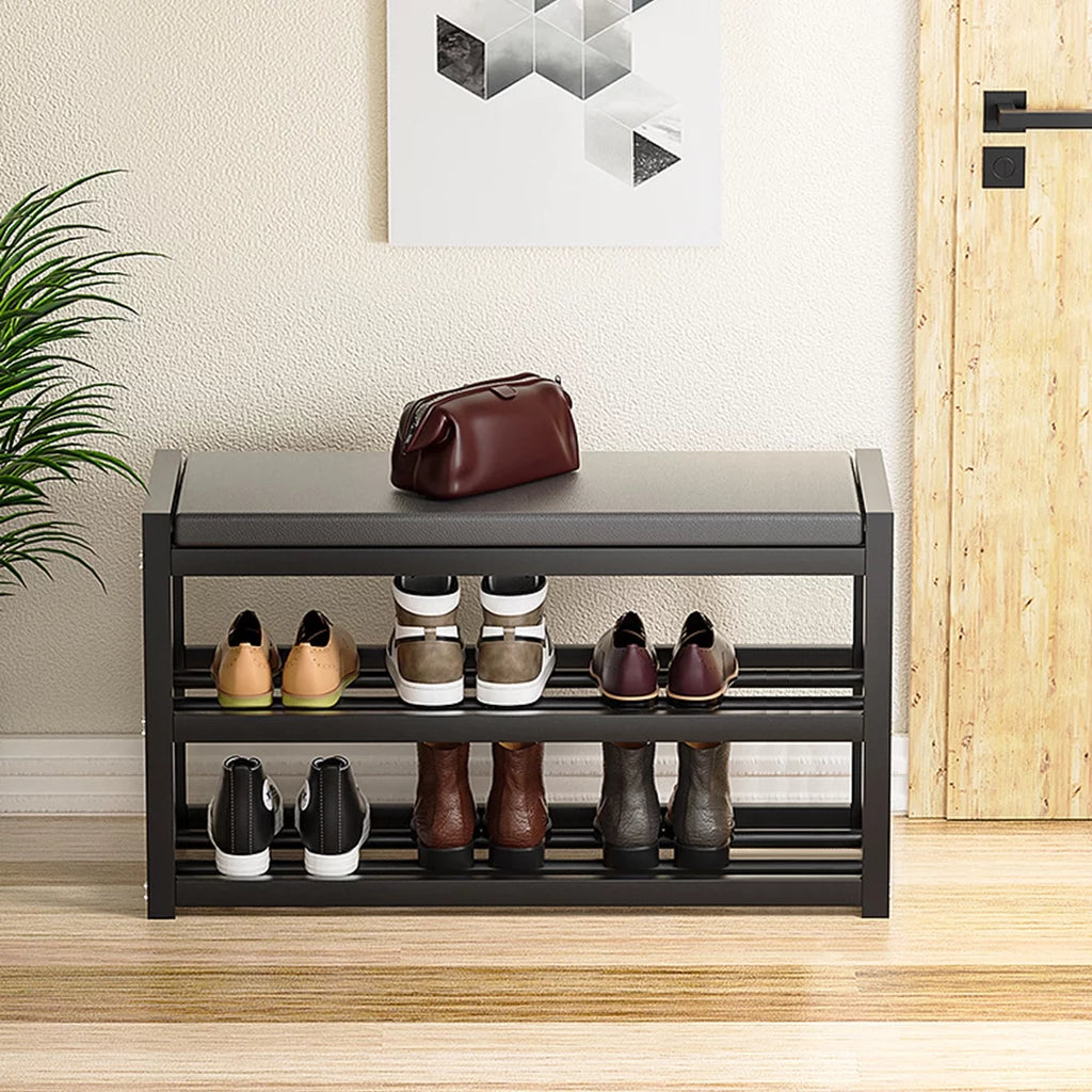 2-Tier Gray Shoe Rack Bench with Vegan Leather Seat B462