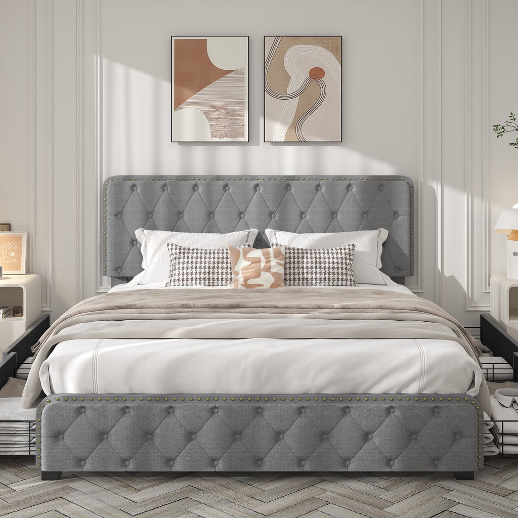 Queen Size Platform Bed Frame with 4 Storage Drawers P8161