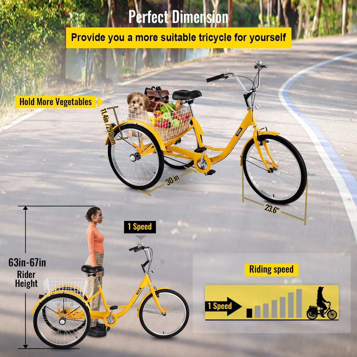 24 inch 1-Speed Yellow Adult Tricycle with Cargo Basket X5315