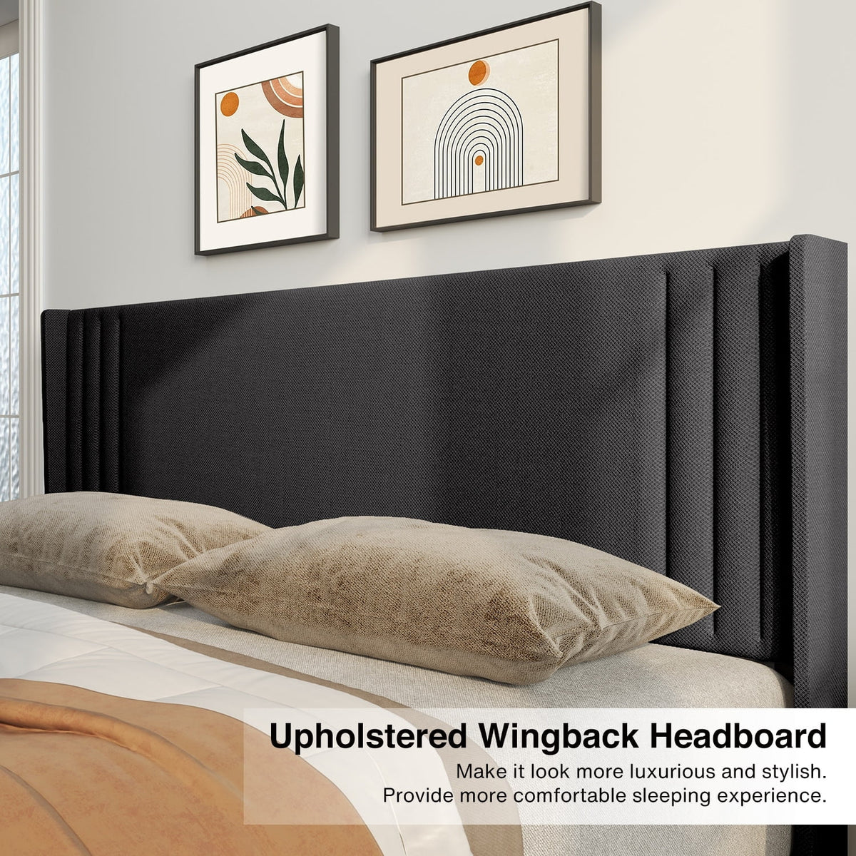 Full Wingback Platform Bed Frame with Under-bed Storage Beige M711208