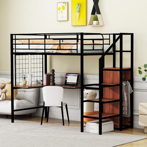 Twin Size Black Metal Loft Bed with Wardrobe and L-Shape Desk B6697