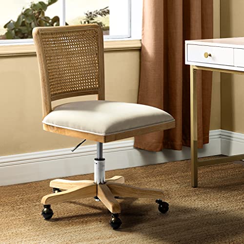 Upholstered Armless Swivel Desk Chair with Rattan Mid-Back L941
