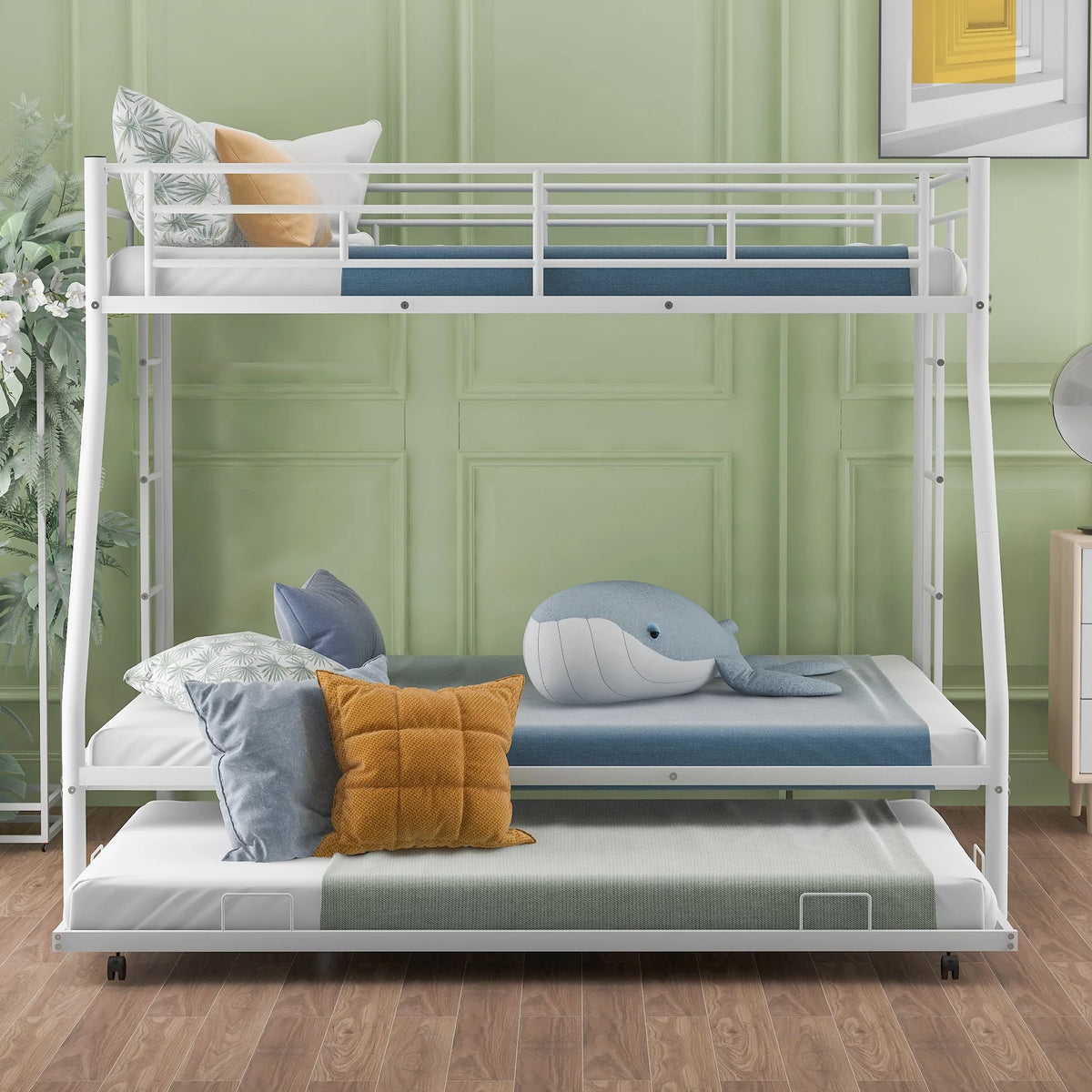 Black Metal Twin over Full Bunk Bed with Trundle and 2 Ladders B5605