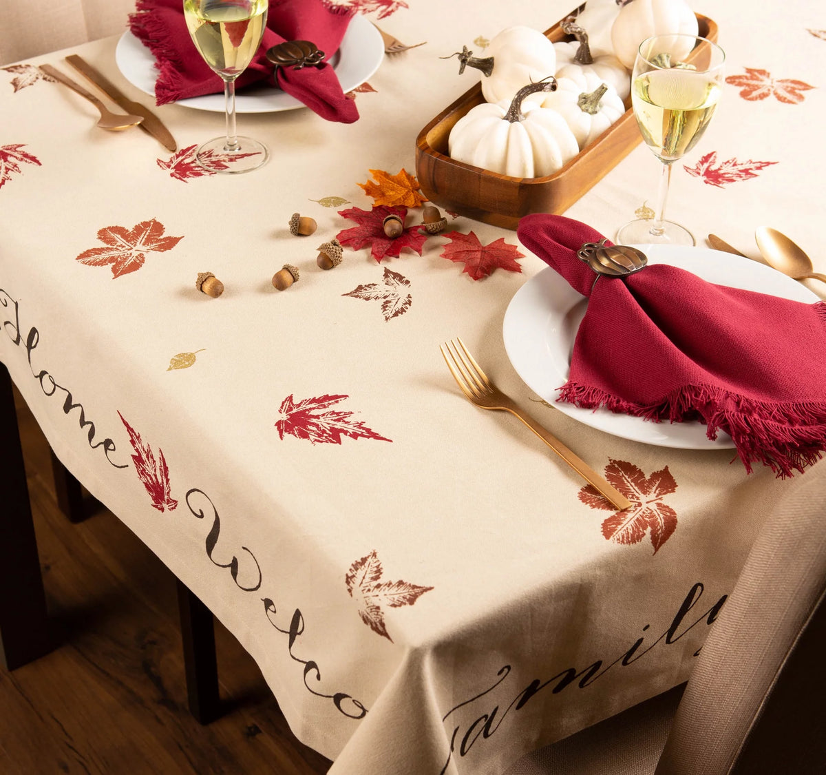 Ivory Rustic Leaves Print Rectangular Tablecloth 60" x 104" L147922