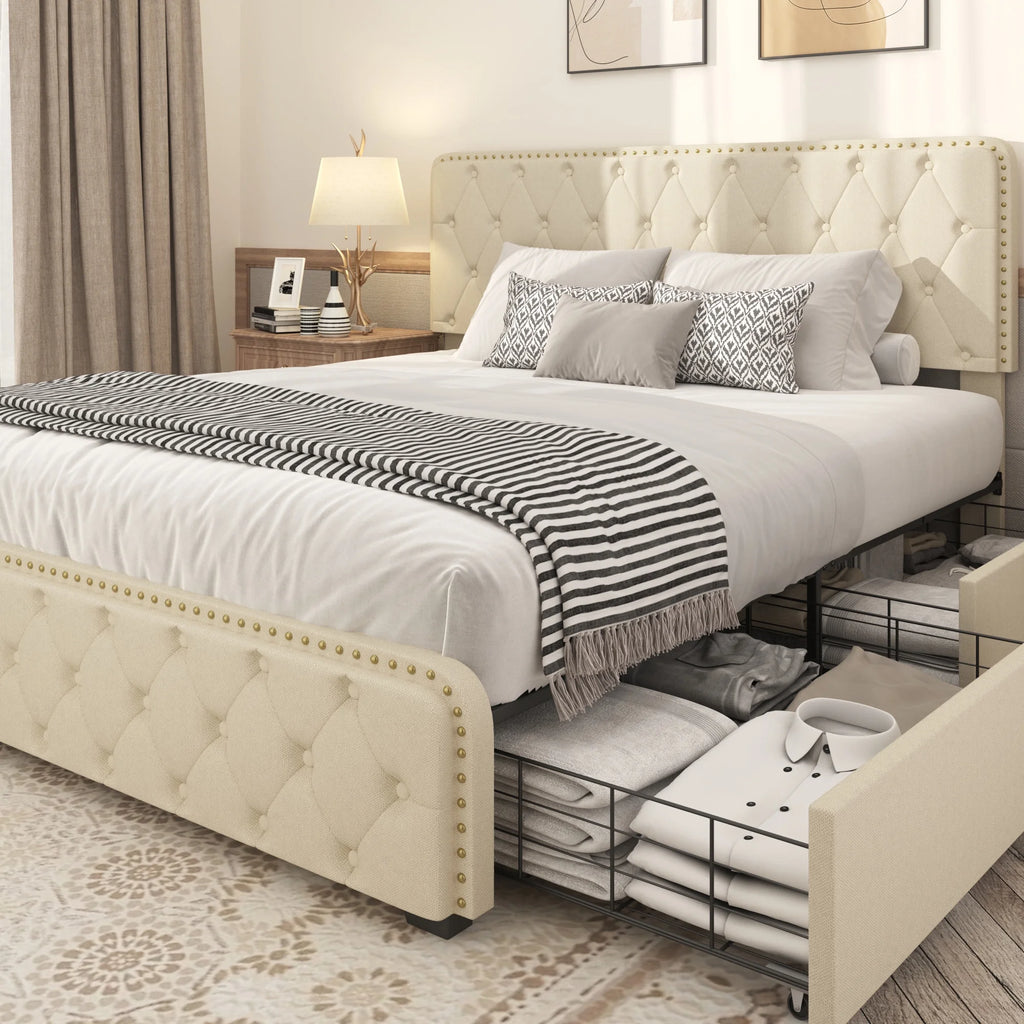 Queen Size Platform Bed Frame with 4 Storage Drawers P8161